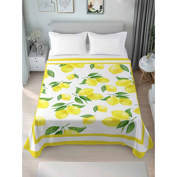 Queen Size Flat Sheet Only,Watercolor Yellow Lemon Soft Breathable Top Bedding Sheets Farm Fruit Leaves Art Microfiber Hotel Flat Sheets