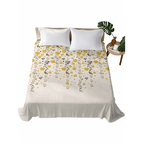 Queen Size Flat Sheet Only, Weeping Flowers Soft Brushed Microfiber Bed Sheets, Yellow Grey Spring Floral Rustic Burlap Hotel Quality Breathable Bedding Top Sheet, Easy Care, 81"x96"