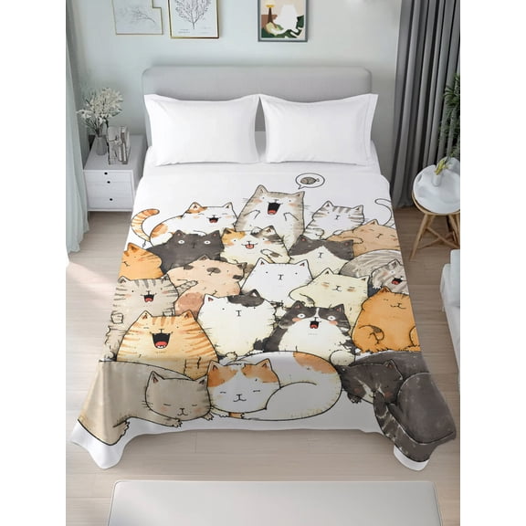 Queen Size Flat Sheet Only,Whimsical Stacked Cartoon Cats Soft Top Bed Sheets Breathable Bedding Sheet Watercolor Cute Kitties Microfiber Hotel Luxury Top Sheets