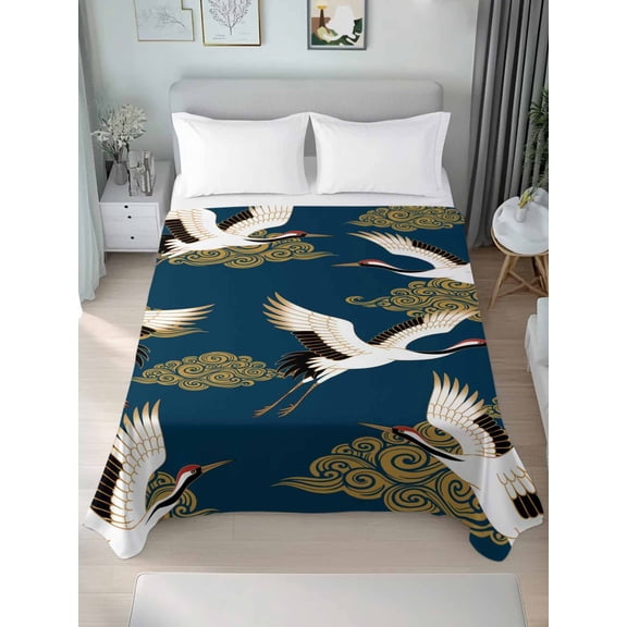 Queen Size Flat Sheet Only,White Fairy Crane Japanese Style Soft Top Bed Sheets Breathable Bedding Sheet Auspicious Cloud Navy Blue Microfiber Hotel Luxury Top Sheets