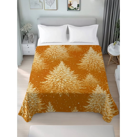 Queen Size Flat Sheet Only,Winter Pine Tree Seamless Soft Top Bed Sheets Breathable Bedding Sheet Rustic Christmas Trees on Gold Microfiber Hotel Luxury Flat Sheets