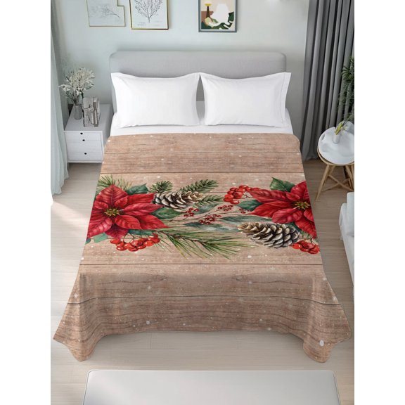 Queen Size Flat Sheet Only,Winter Poinsettia Holly Berry Soft Breathable Flat Sheets Hotel Top Bedding Sheets Christmas Pine Cone Wood Plank