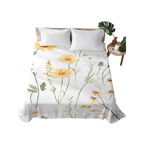 Full Size Flat Sheet Only, Yellow Daisy Floral Soft Brushed Microfiber Bed Sheets, Spring Rustic Botanical Flowers Hotel Quality Breathable Bedding Top Sheet, Easy Care, 81"x96"