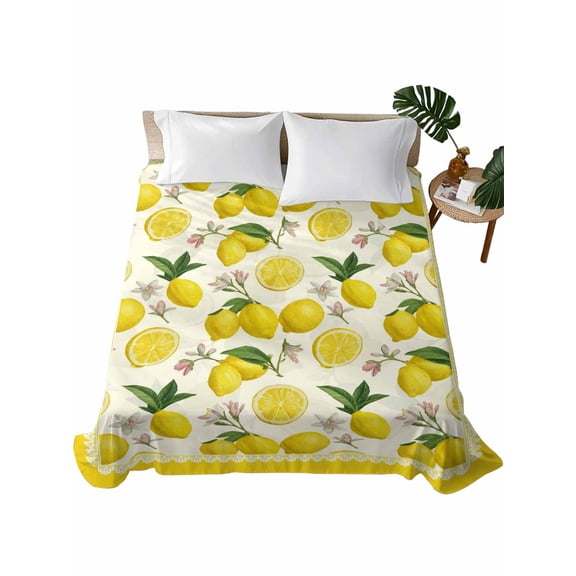 Queen Size Flat Sheet Only, Yellow Summer Lemon Soft Brushed Microfiber Bed Sheets, Summer Botanical Watercolor Hotel Quality Breathable Bedding Top Sheet, Easy Care, 81"x96"