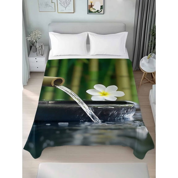 Queen Size Flat Sheet Only,Zen Meditation Plumeria Flower Soft Top Bed Sheets Breathable Bedding Sheet Flowing Water Forest Microfiber Hotel Luxury Top Sheets