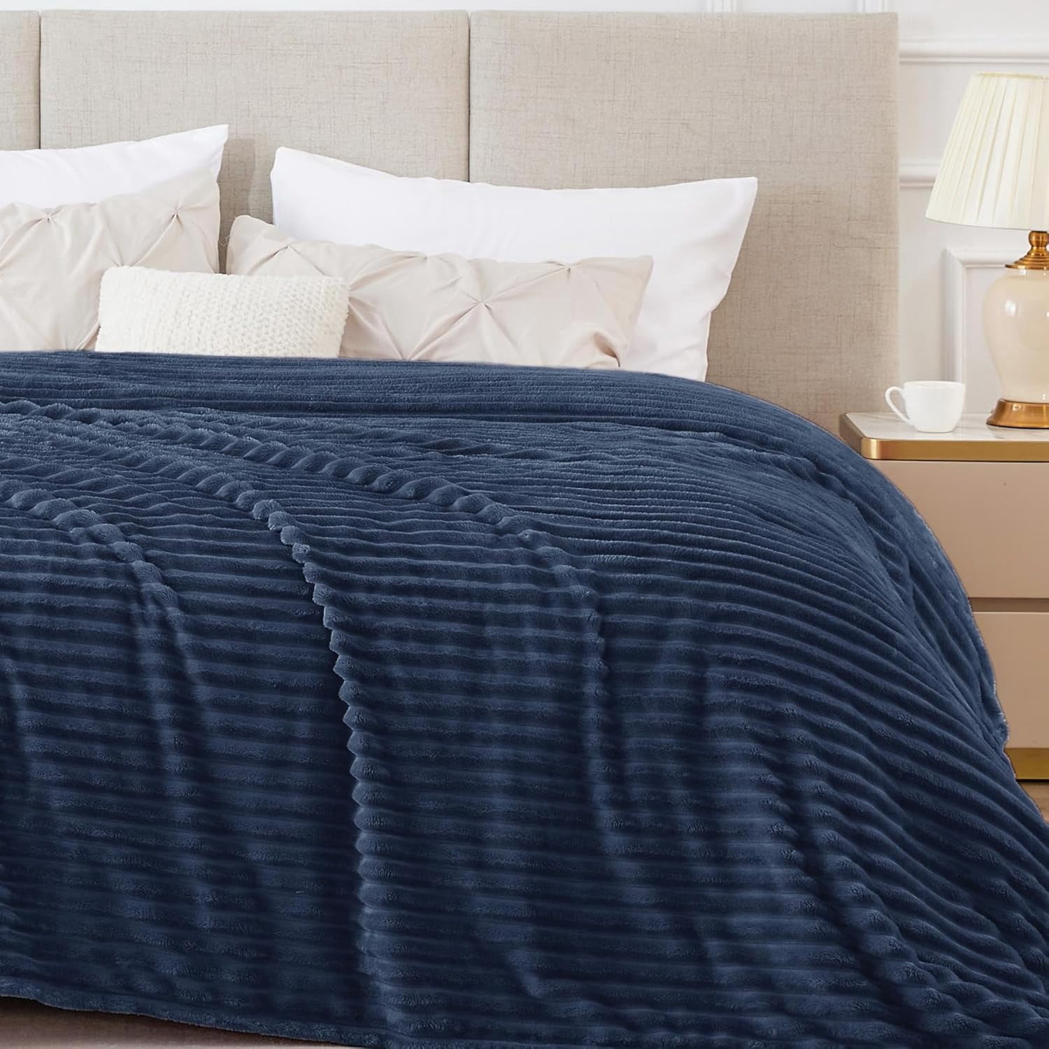 3D Ribbed Jacquard Navy Blanket Queen Size 90x90 Inch | Soft Warm Cozy ...