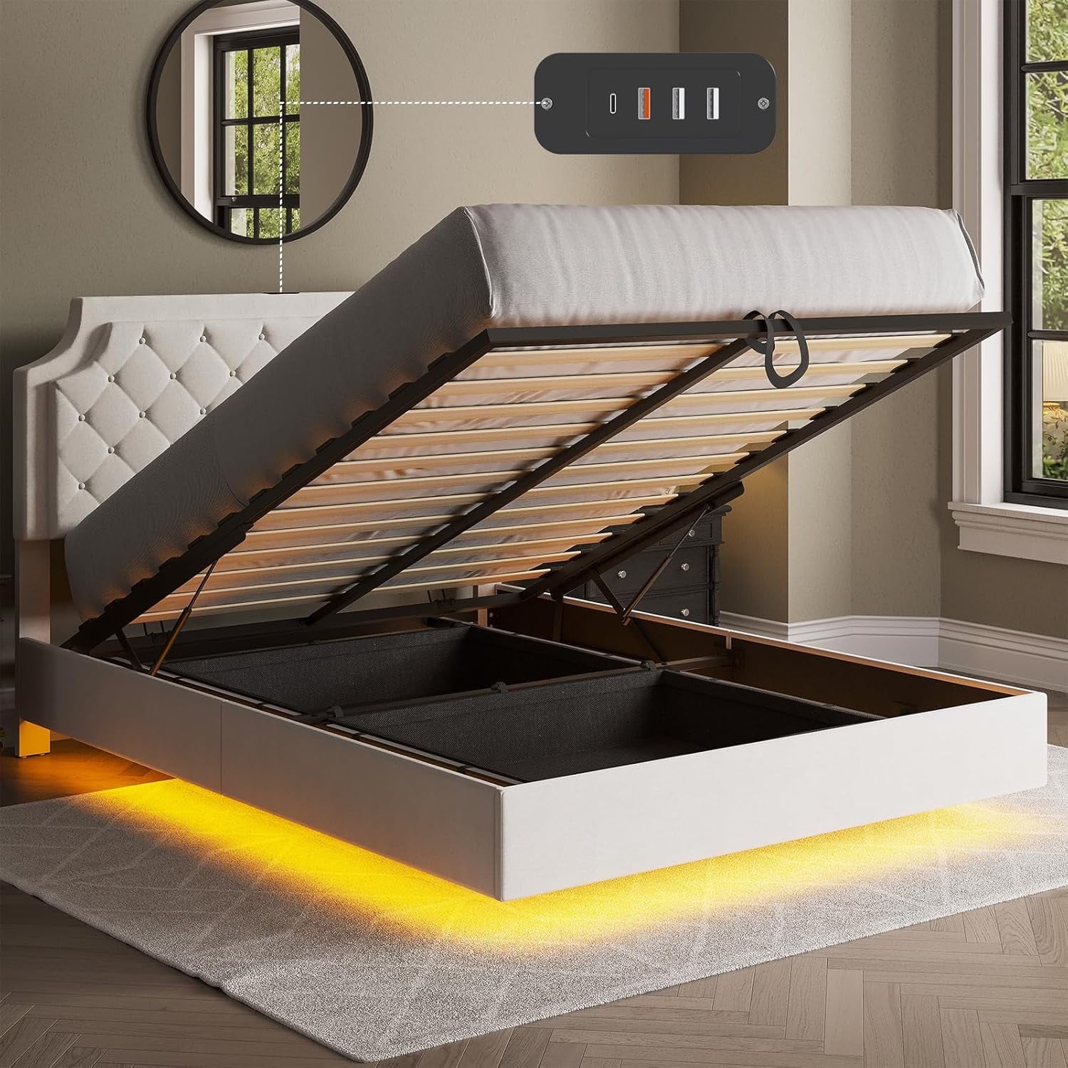 Queen Size Floating Bed Frame with Adjustable Headboard, Lifting Up Upholstered Bed Frame Queen, Fast Charging Station, Underbed Lights Strip, Solid Wood Slat, No Box Spring Needed, Noise-Free, White