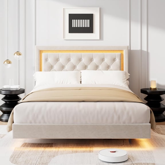Queen Size Floating Bed Frame with Diamond Headboard,Boucle Upholstered Platform Bed with Smart Led Lights, Solid Wood Slats Support, Noise-Free, Easy Assembly, Cream White