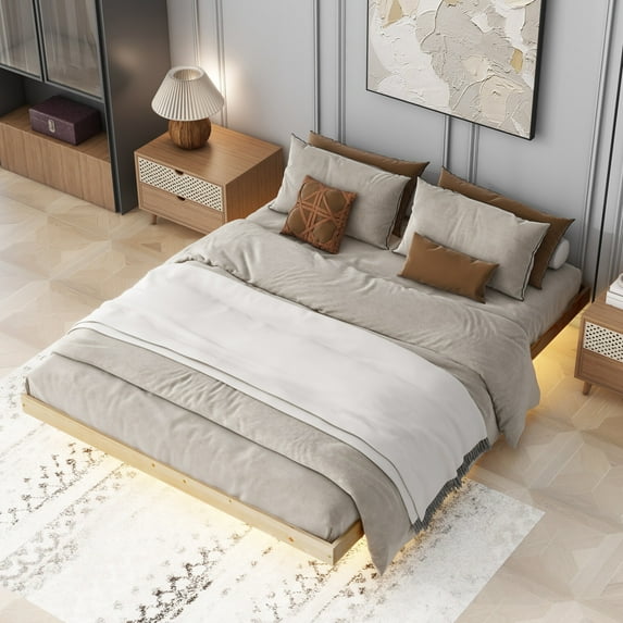 Queen Size Floating Bed Frame, Queen Bed Frame with LED Lights, Modern Low Profile Platform Bed Frame, Solid Pine Wood Slats Support, Noise Free, No Box Spring Needed, Natural
