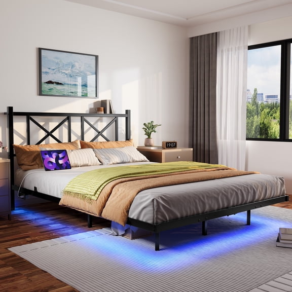 Queen Size Floating Bed Frame with Headboard and Storage, Full Size Platform Bed Frame with USB Charging Station and LED Lights, Heavy Duty Steel Slats, Easy Assembly, Black