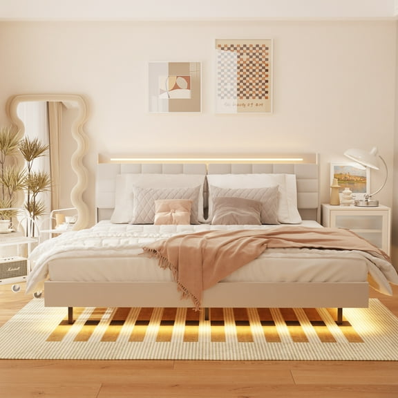 Queen Size Floating Bed Frame with LED Light and Charging Station, Upholstered Platform Bed Frame with Headboard and Hidden Storage Space, No Box Spring Needed,Beige