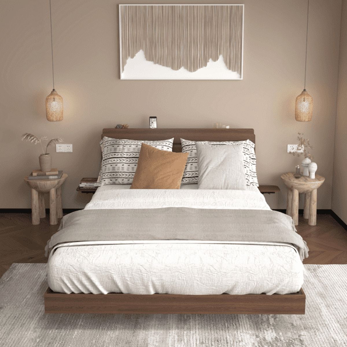 Queen Size Floating Bed Frame with LED Lights and Charging Station, Walnut Wood Platform Bed with Storage Headboard, Modern No Box Spring Needed Bed Base