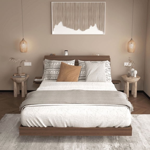 Queen Size Floating Bed Frame with LED Lights and Charging Station, Walnut Wood Platform Bed with Storage Headboard, Modern No Box Spring Needed Bed Base