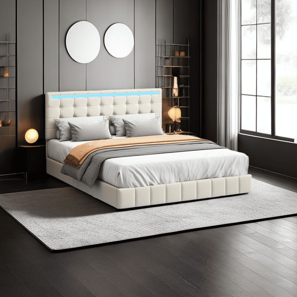 Queen Size Floating Bed Frame with LED Lights and USB Charging, Modern ...