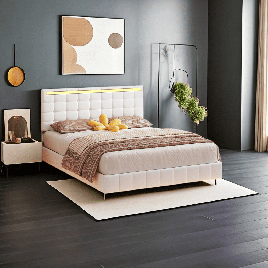 Queen Size Floating Bed Frame with LED Lights and USB Charging, Modern ...