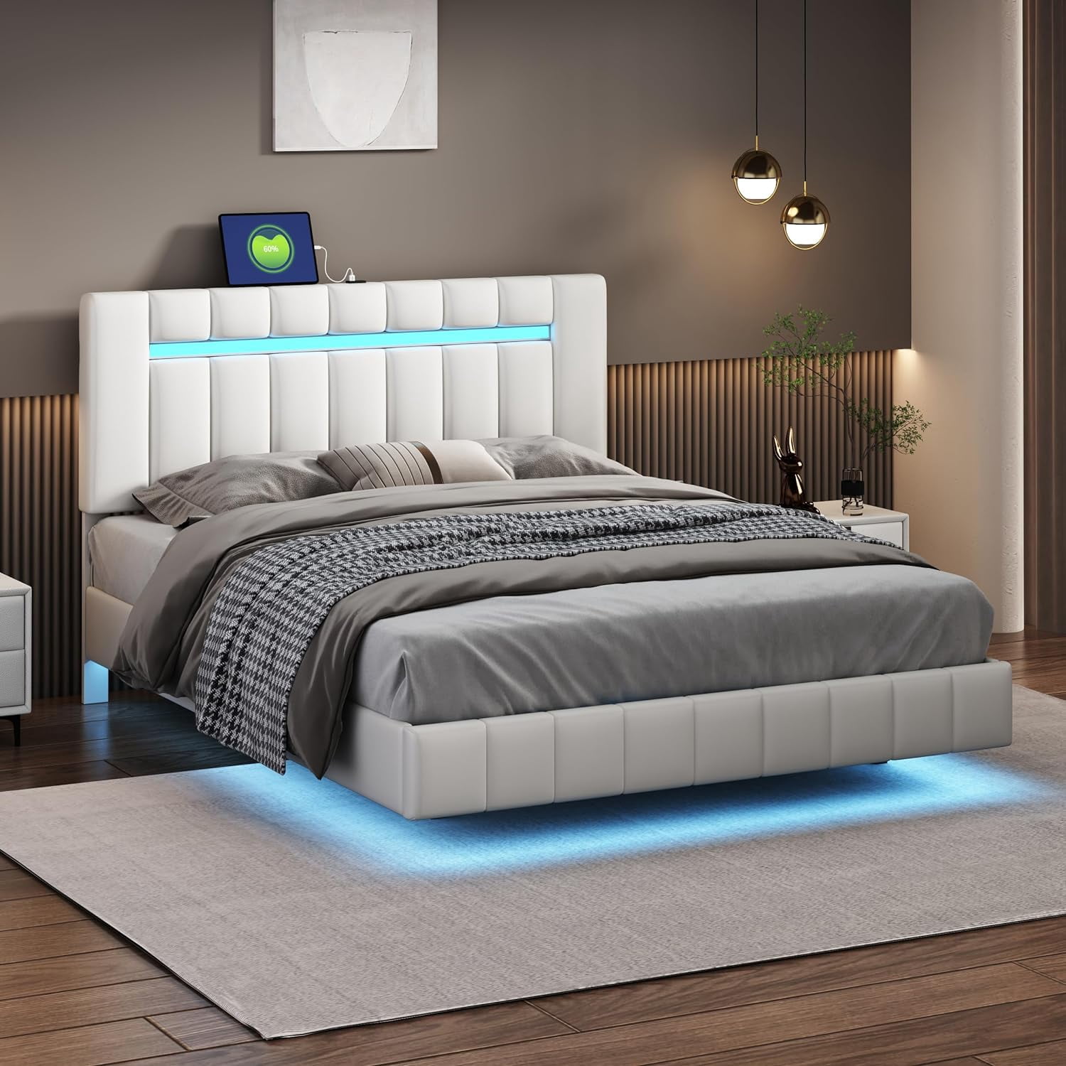 Queen Size Floating Bed Frame with LED Lights and USB Charging Station ...