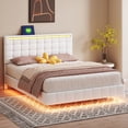 thumbnail image 1 of Queen Size Floating Bed Frame with LED Lights and USB Charging Station, Modern Platform Bed with Headboard,Wood Slats Support,No Box Spring Needed,White+PU, 1 of 8