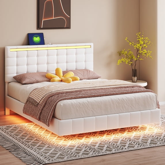 Queen Size Floating Bed Frame with LED Lights and USB Charging Station, Modern Platform Bed with Headboard,Wood Slats Support,No Box Spring Needed,White+PU