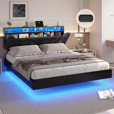 Queen Size Floating Bed Frame with Led Lights&Charging Stations, Faux Leather Upholstered Platform Bed with Storage Headboard, No Box Spring Needed, Black