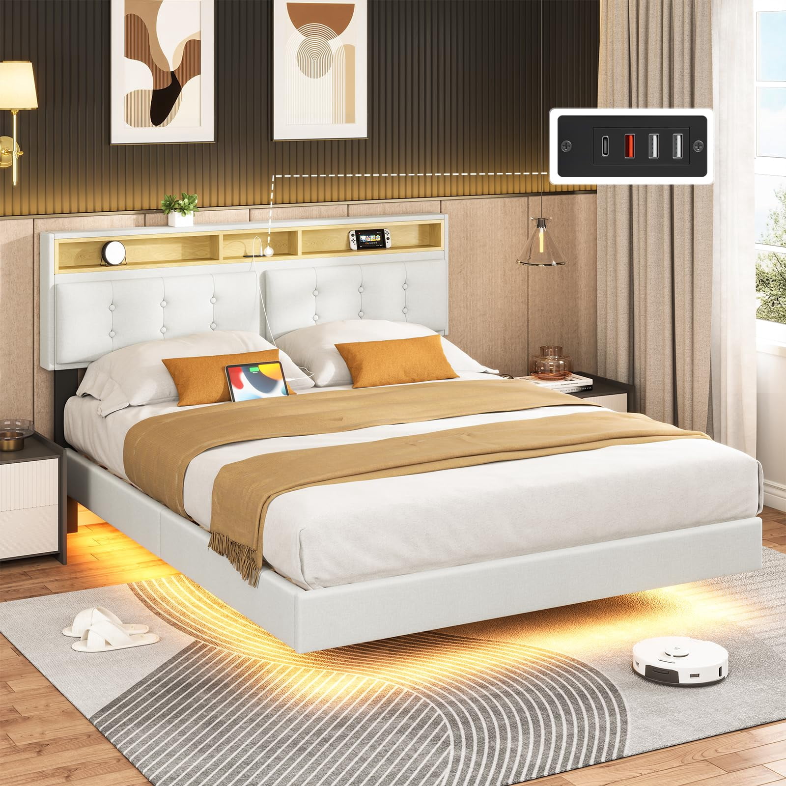 Queen Size Floating Bed Frame with Led Lights and Charging Stations ...