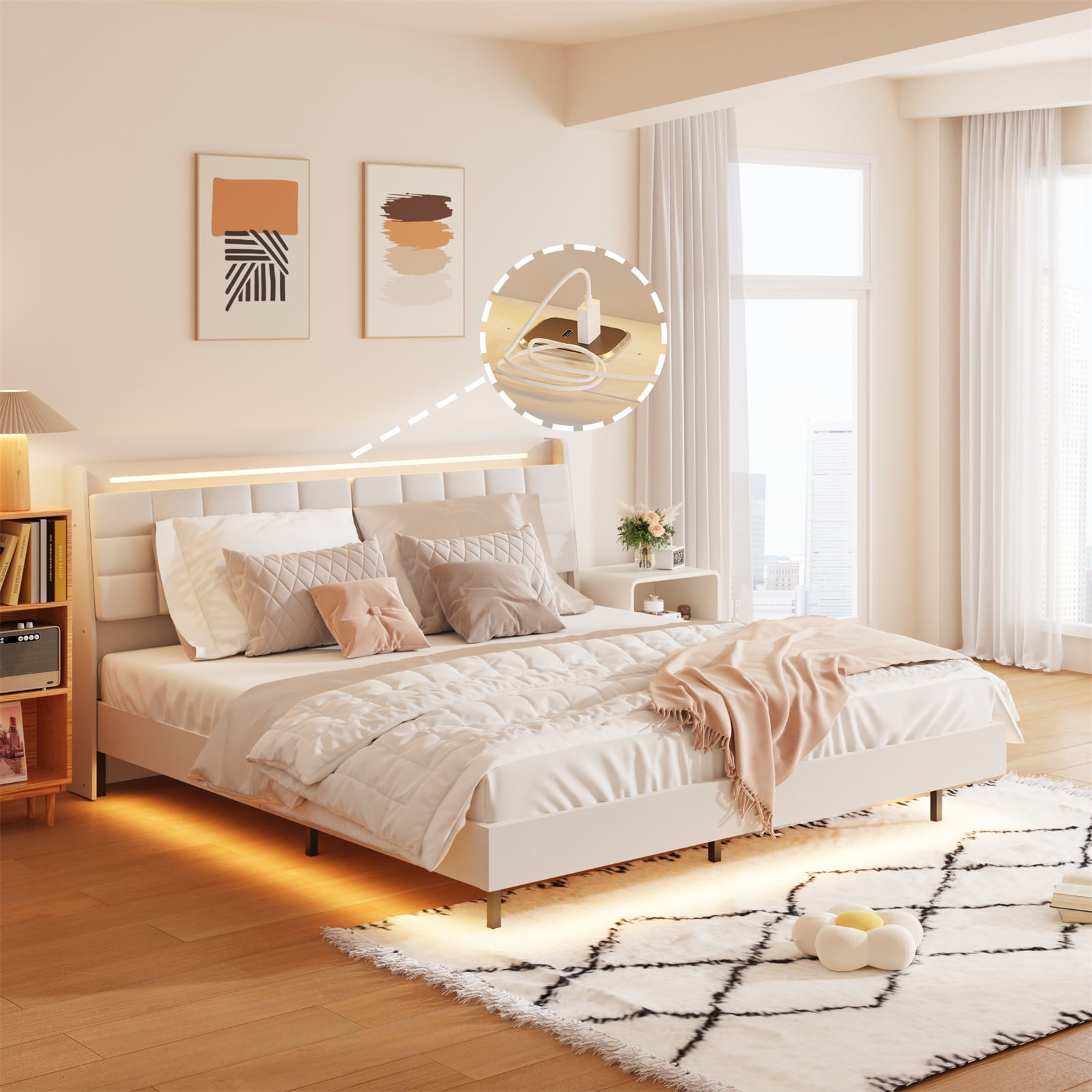 Queen Size Floating Bed Frame, Modern King Platform Bed with LED Lights ...