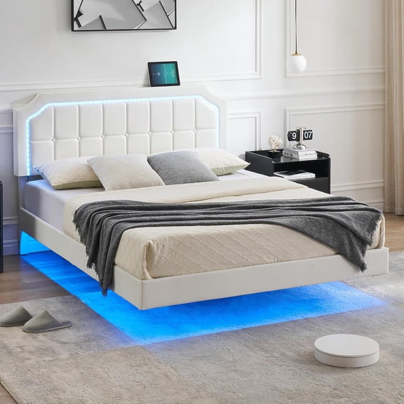 Queen Size Floating Bed Frame with RGB Led Lights Headboard, Modern Floating Led Queen Bed Frame with Upholstered Adjustable Headboard, Stable Structure, No Box Spring Needed, Easy Assembly