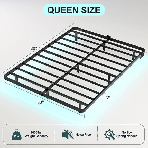 Queen Size Floating Bed Frame with Smart LED Lights & Charging Station, Heavy Duty Metal Platform Bed, 6" Low Design, No Box Spring Needed, Noise-Free Modern Mattress Foundation