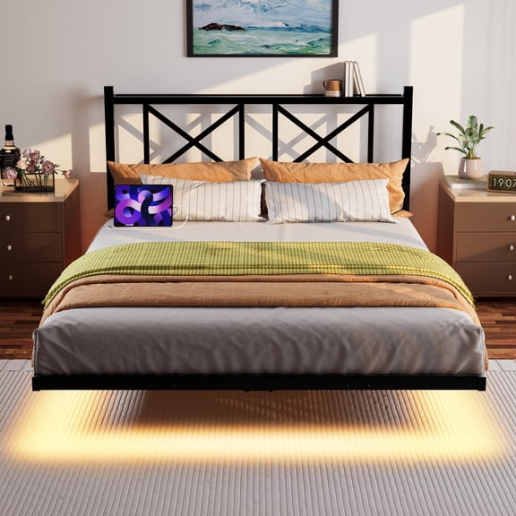 Queen Size Floating Bed Frame with USB Charging Station and LED Lights, Platform Bed Frame with Headboard and Storage, Bed Frame with Heavy Duty Steel Slats, Black