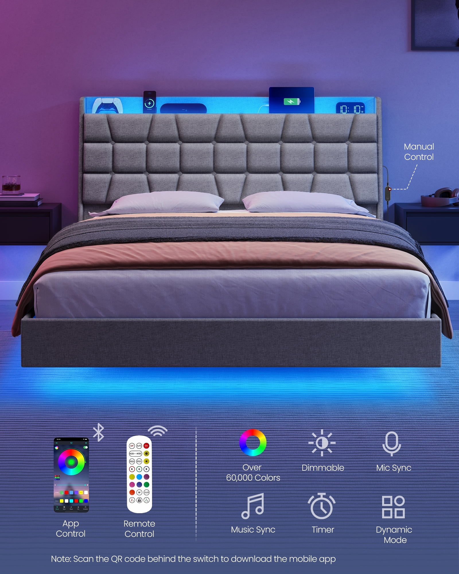 Queen Size Floating Bed Frame with LED Lights,Charging Station, Tufted Storage Headboard, Upholstered Platform, No Box Spring Needed
