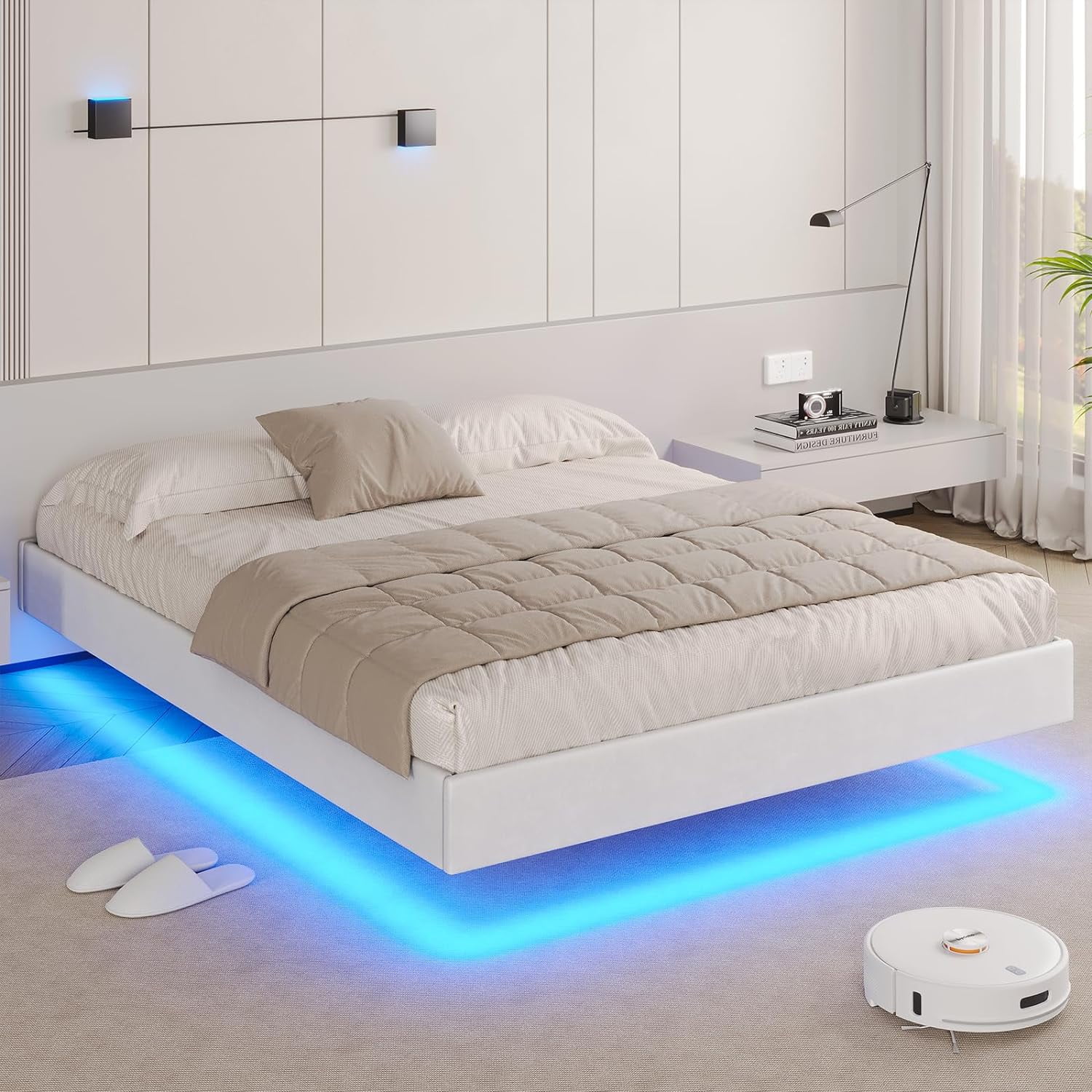 新品未開封★フランダー LEDライト ARIEL ROOM DECORATION Free Shipping! Queen Size Floating Bed Frame with LED Lights