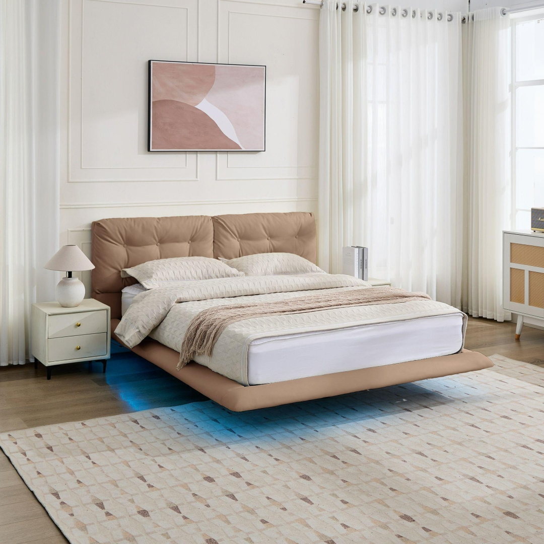 Queen Size Floating Bed Frame with LED Lights, Upholstered Platform Bed with Button Tufted Headboard, No Box Spring Needed, Easy Assembly, Khaki