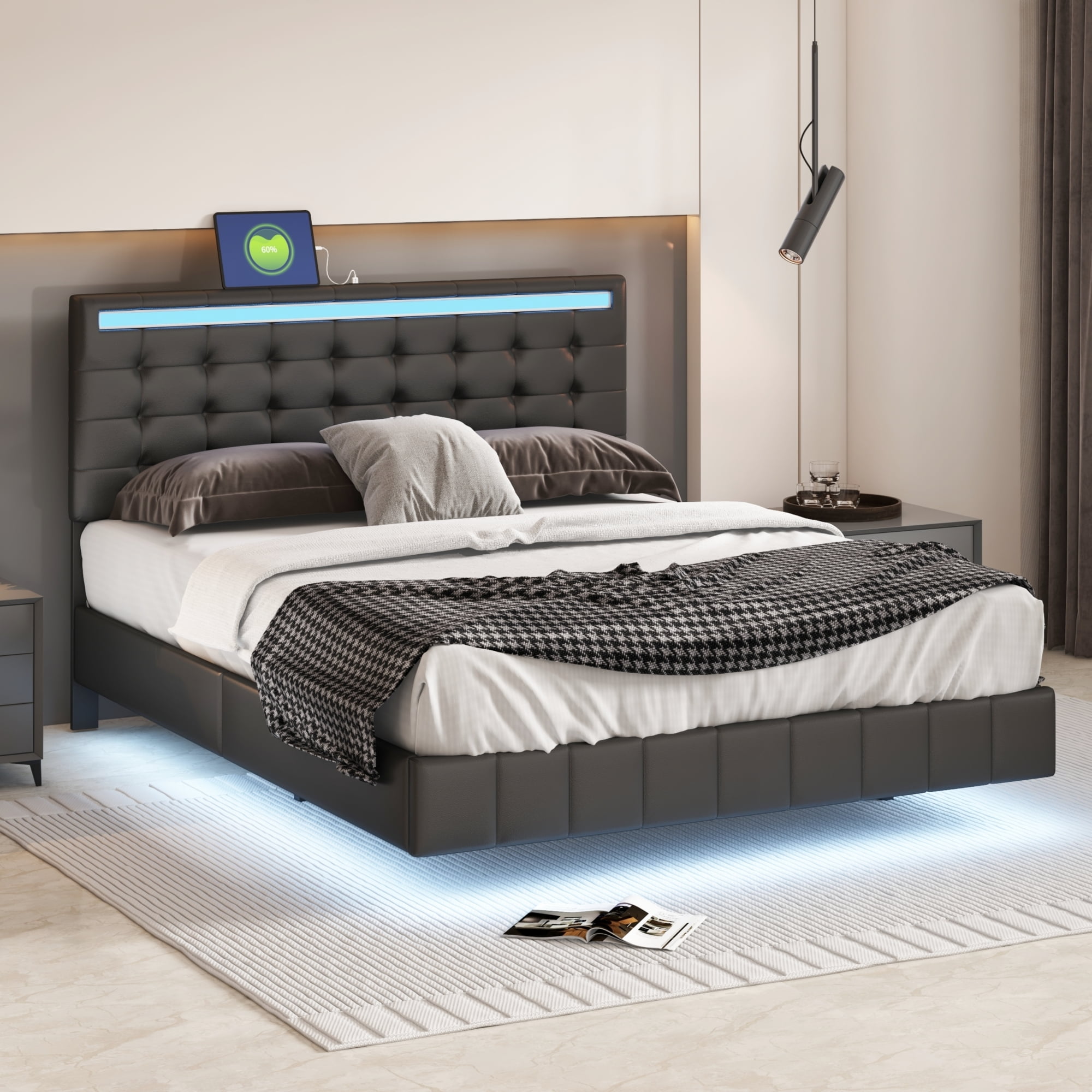 Queen Size Floating Bed Frame with LED Lights and USB Charging,Modern