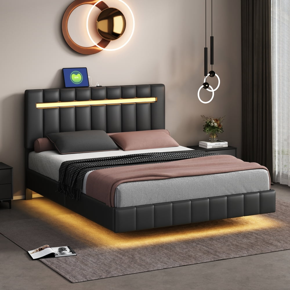 Queen Size Floating Bed Frame with LED Lights and USB Charging Ports ...