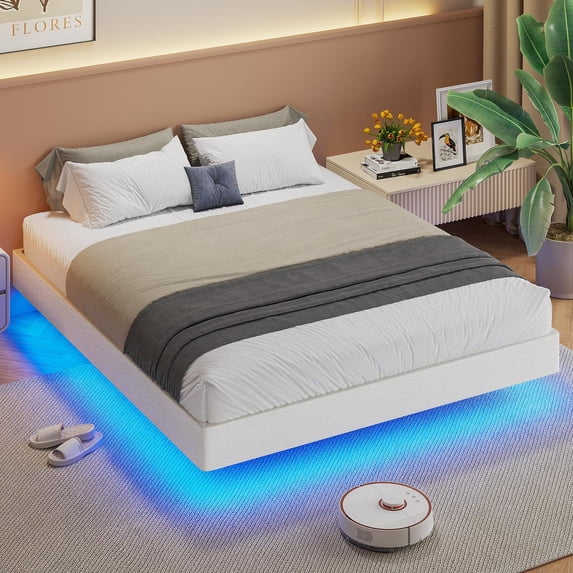 Kicode Queen Floating Bed Metal Frame with LED Lights and Upholstery, White