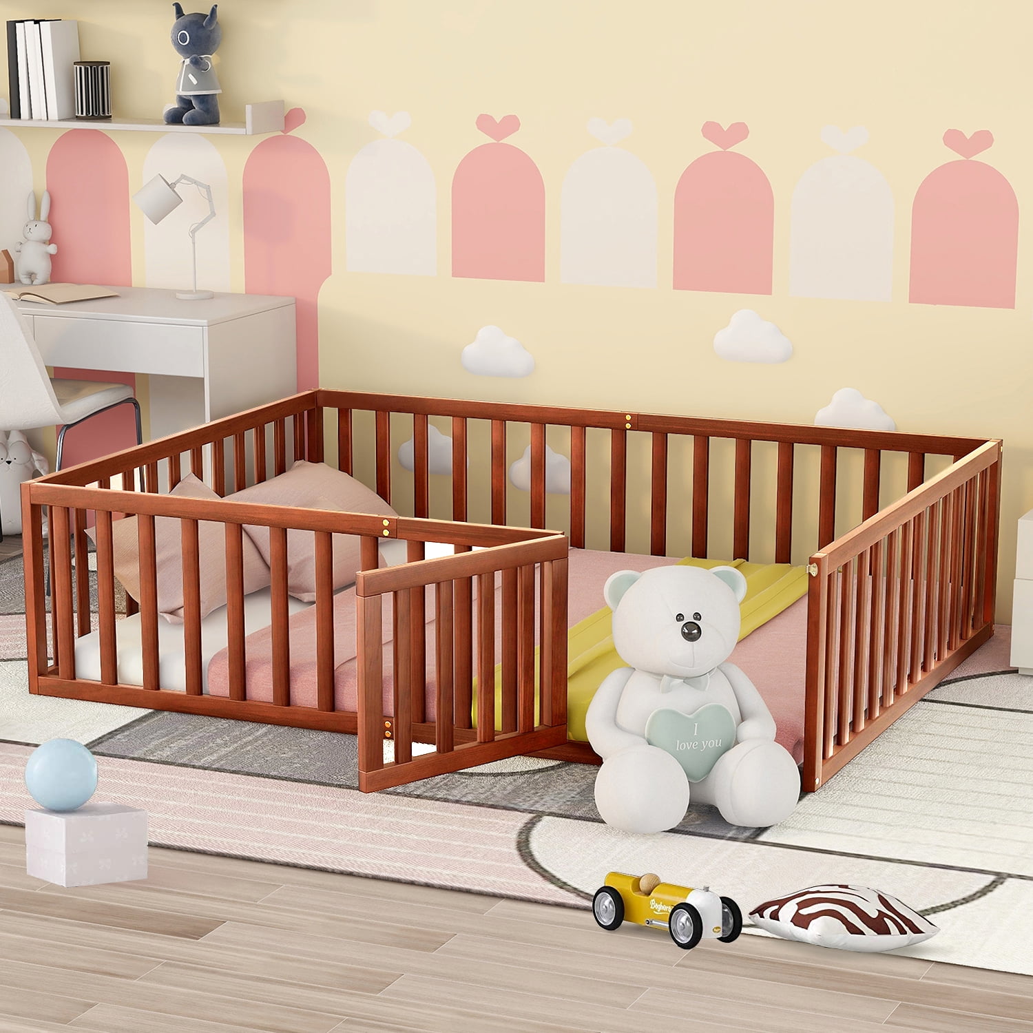 Queen Size Floor Bed with Fence and Door Platform Bed Frame with Safety Guardrails and Wood Slats Montessori Floor Bed for Girls and Boys, Walnut