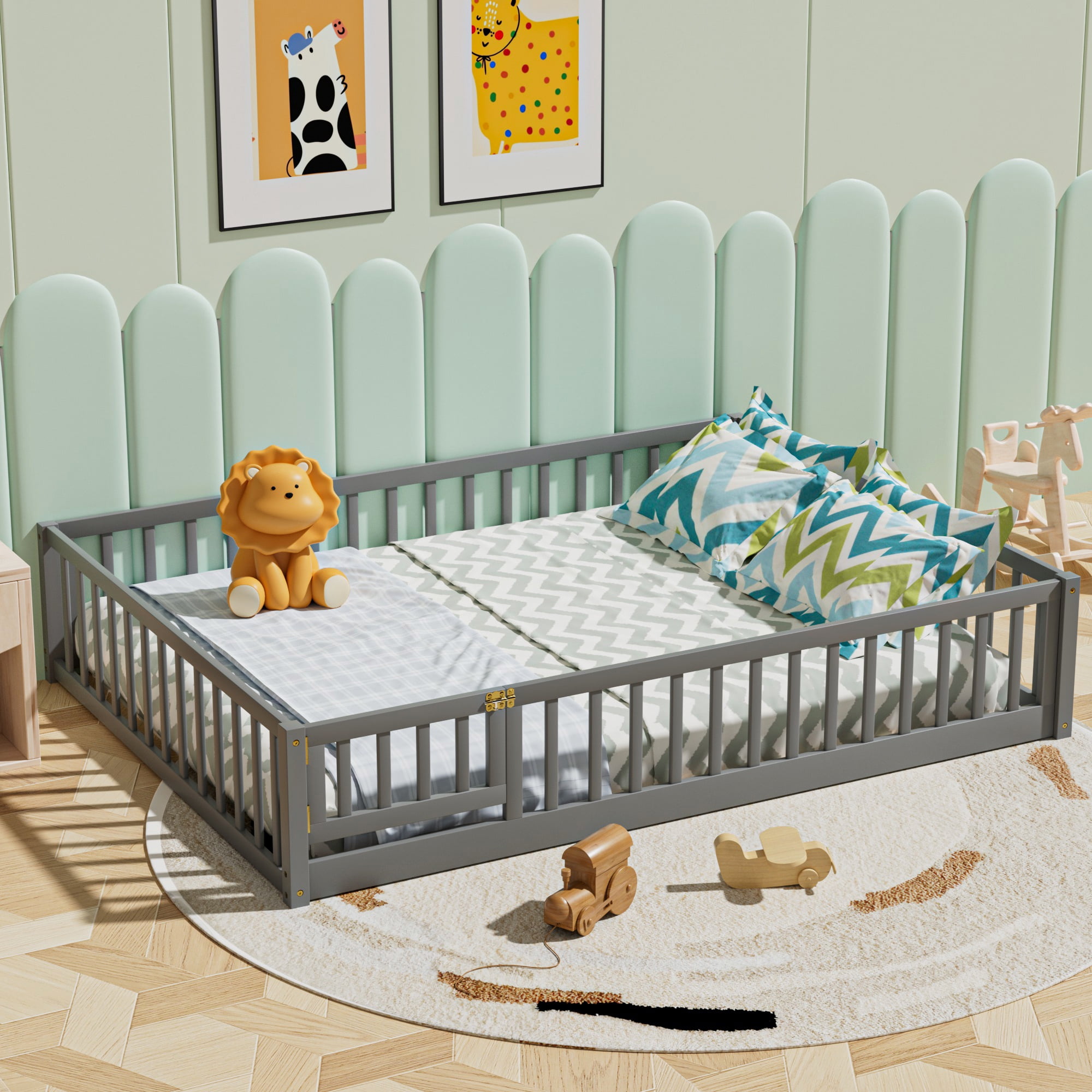Queen Size Floor Bed, Floor Platform Bed with Door for Kids Toddlers Teens, Wood Montessori Bed Frame with Fence Guardrails, Playhouse Bed Kids Fence Bed Playpen Bed, No Box Spring Needed, Gray