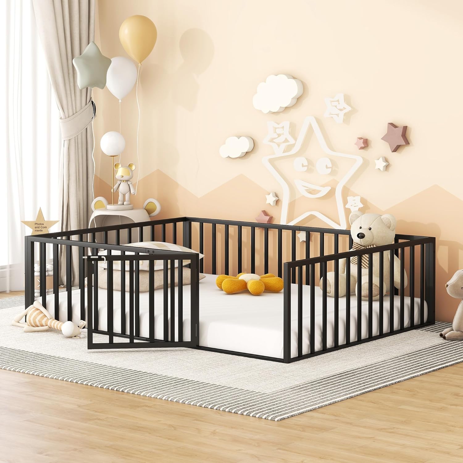 Queen Size Floor Bed For Kids, Montessori Beds With Rails And Door