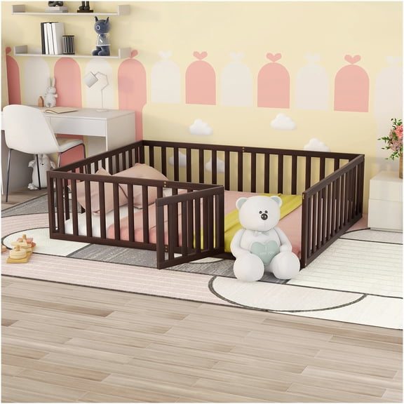 Queen Size Floor Bed Frame with Fence Door, Low Profile Platform Bed with Full Support, No Box Spring Needed, Easy Assembly, Walnut Finish