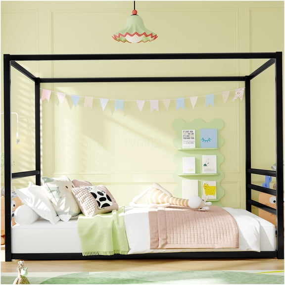 Queen Size Floor Bed Frame with Safety Rails, Low Profile Platform Bed with Strong Metal Frame, Modern Black Bed Frame No Box Spring Required