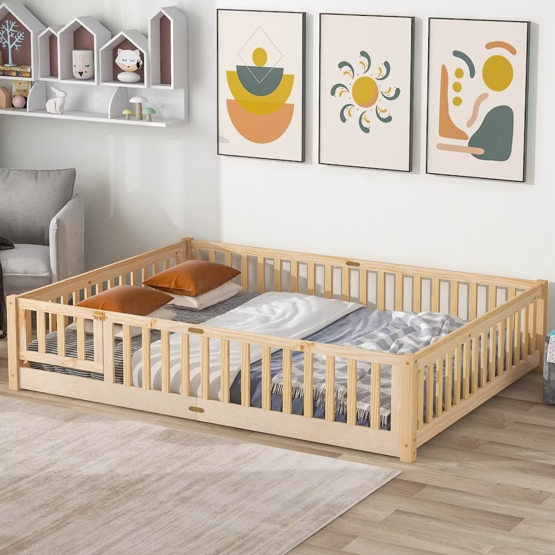 Queen Size Floor Bed for Kids, Wood Queen Montessori Bed Frame with ...