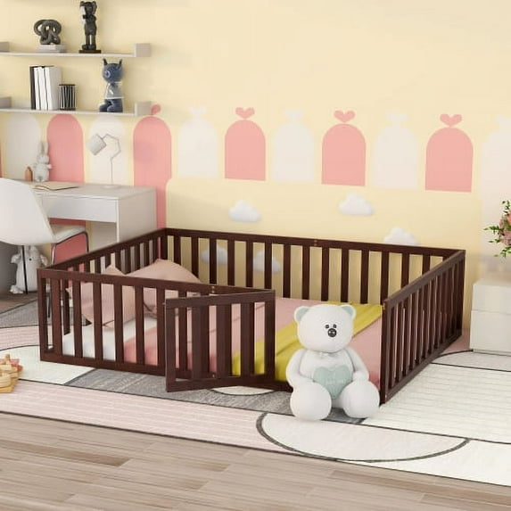 Queen Size Floor Bed for Kids, Wood Queen Montessori Bed Frame with Fence Guardrails and & Support Slats, Queen Playhouse Bed with Door Design, Kids Fence Bed Playpen Bed for Boys ,Girls, Walnut
