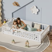Queen Size Floor Bed, Wood Montessori Bed Frame with Fence Guardrails and & Support Slats, Queen Playhouse Bed with Door Design, Gray