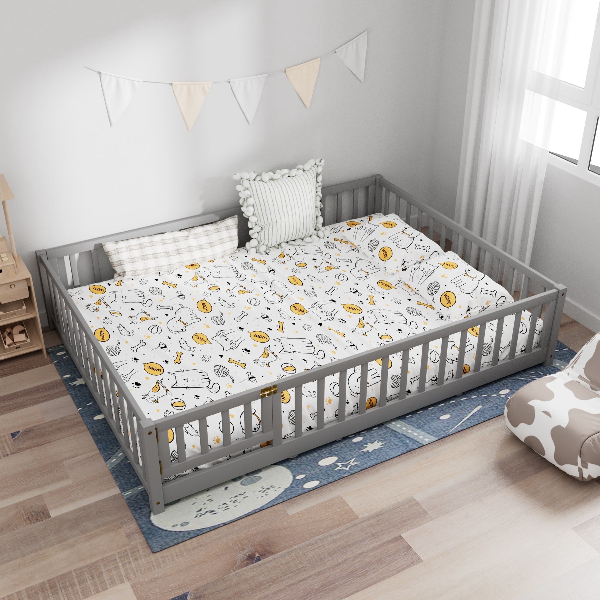 Queen Size Floor Bed, Wood Montessori Bed Frame with Fence Guardrails and & Support Slats, Queen Playhouse Bed with Door Design, Gray