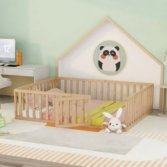 Queen Size Floor Bed for Kids, Wood Queen Montessori Bed Frame with Fence Guardrails and & Support Slats, Queen Playhouse Bed with Door Design, Kids Fence Bed Playpen Bed for Boys ,Girls, Natural