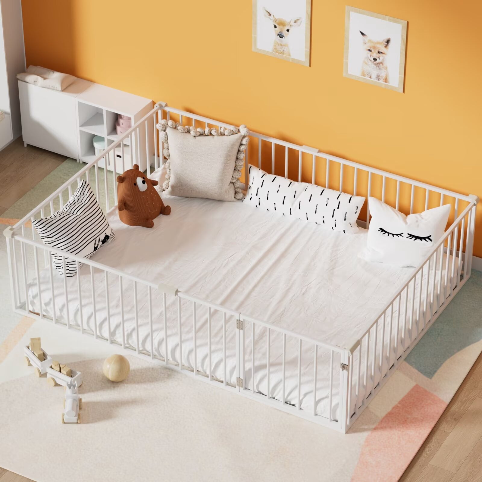 Queen Size Floor Bed, Metal Montessori Floor Bed Frame with 20.6" High Full-Length Fence and Door,No Slats, White