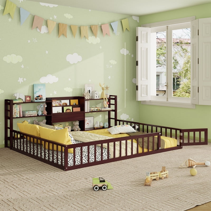 Queen Size Floor Bed Montessori Bed with Integrated Bookcase and 3-Tier Storage Shelves, Wooden Low Profile Toddler Bed Platform Bed with Safety Guardrails for Boys Girls