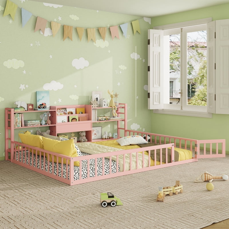 Queen Size Floor Bed Montessori Bed with Integrated Bookcase and 3-Tier Storage Shelves, Wooden Low Profile Toddler Bed Platform Bed with Safety Guardrails for Boys Girls