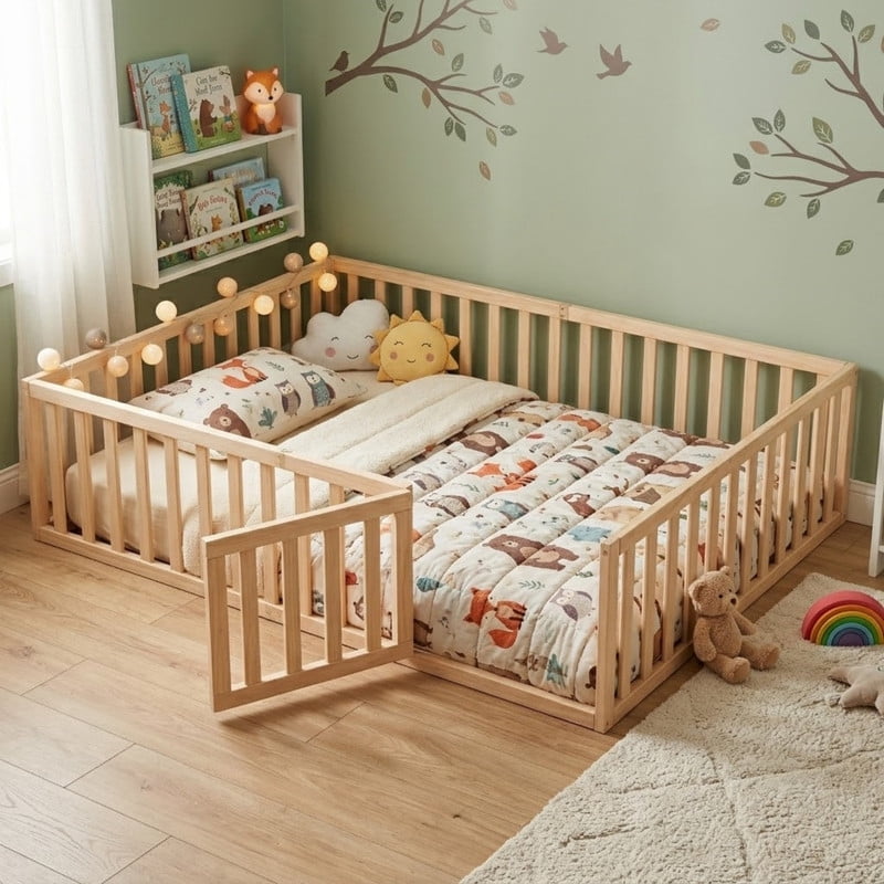 Queen Size Floor Bed Montessori Bed with Fence Guardrails and Door, Wooden Toddler Bed Playhouse Bed Platforn Bed for Boys Girls, No Slats