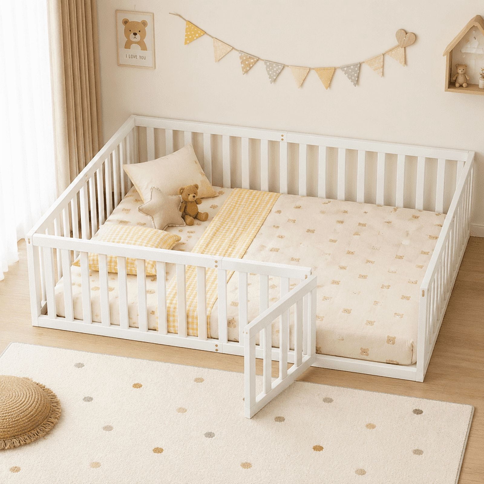Queen Size Floor Bed Montessori Bed with Fence Guardrails and Door, Wooden Toddler Bed Playhouse Bed Platforn Bed for Boys Girls, No Slats