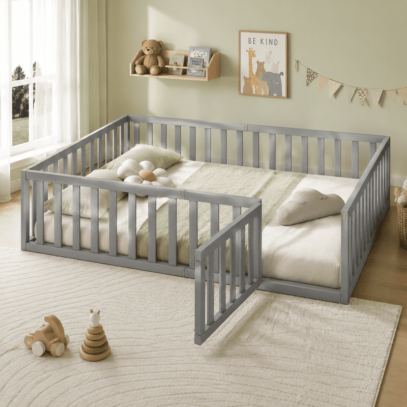Queen Size Floor Bed Montessori Bed with Fence Guardrails and Door, Wooden Toddler Bed Playhouse Bed Platforn Bed for Boys Girls, No Slats